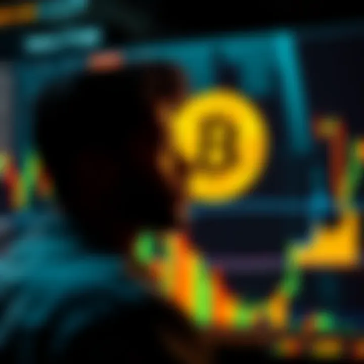 A contemplative investor gazes at a fluctuating Bitcoin chart on a digital display, embodying the psychological struggle of purchasing at high prices.