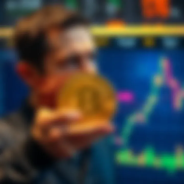 An investor looking frustrated while holding a Bitcoin symbol with charts showing market trends in the background