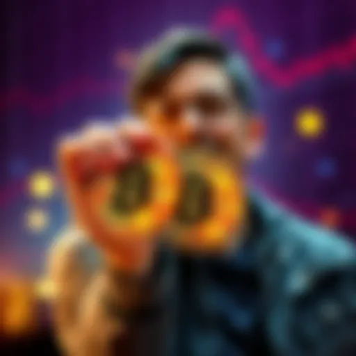 A Bitcoin investor looks hopeful while holding physical Bitcoin coins, reflecting a long-term commitment to the cryptocurrency despite recent losses.