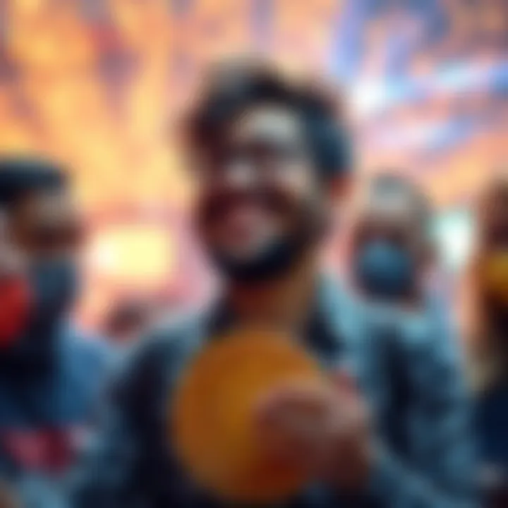 A grateful Bitcoin investor surrounded by supportive community members, smiling and holding a Bitcoin symbol, showcasing resilience amidst challenges.