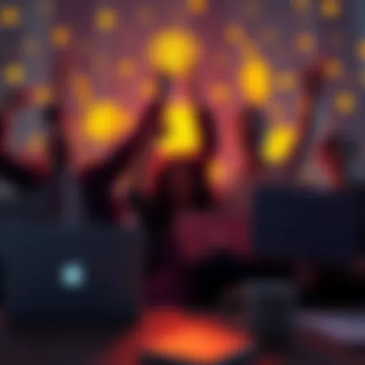 A group of happy people celebrating with laptops and Bitcoin symbols in the background, showing their success in investing early in Bitcoin.