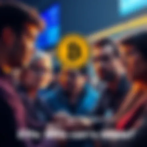 A group of people discussing their Bitcoin investments before ETFs were introduced, showing varying emotions of hope and concern.