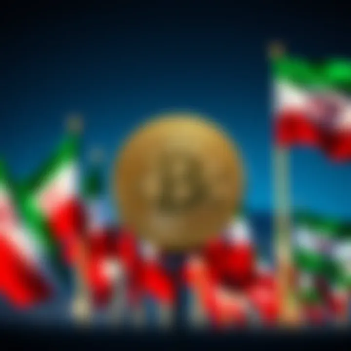 A Bitcoin symbol in the foreground with Iranian flags waving in the background, symbolizing Iran's focus on decentralized assets amid sanctions.