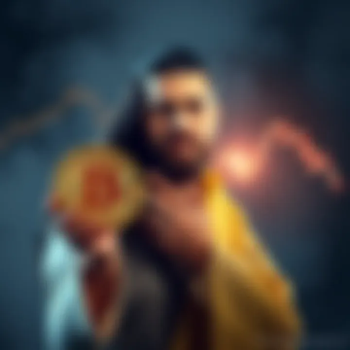 A person with a confident expression holds a Bitcoin symbol next to a graph showing a decline, illustrating Bitcoin's value speculation.