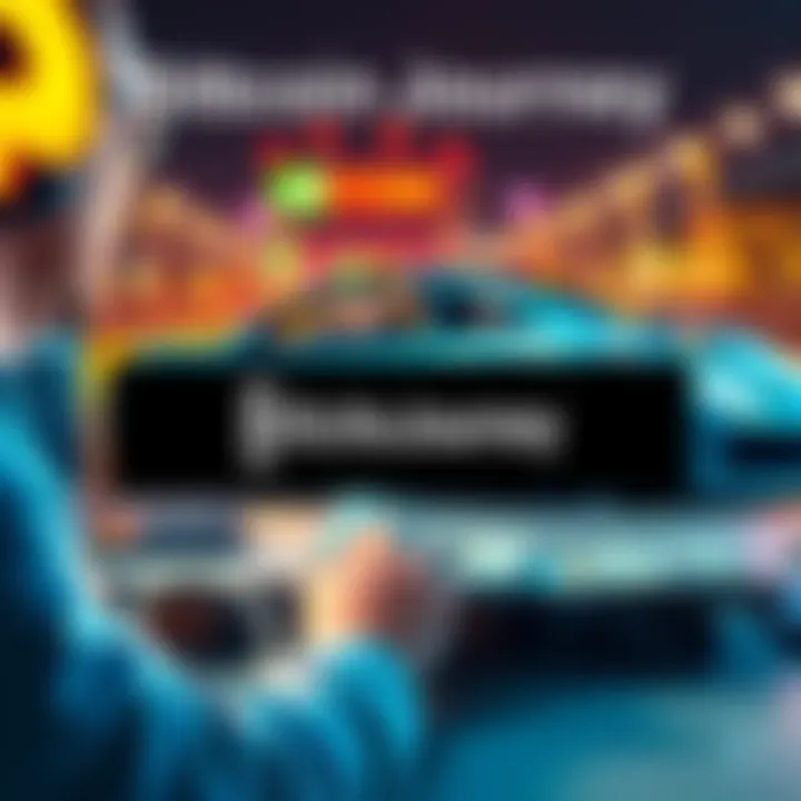 A person analyzing Bitcoin prices on a computer with a car in the background and cash on the table, symbolizing a journey in cryptocurrency investment.
