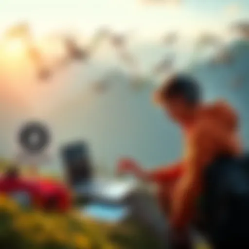 A person studying Bitcoin on a laptop in a Swiss setting, surrounded by scenic mountains and financial charts.