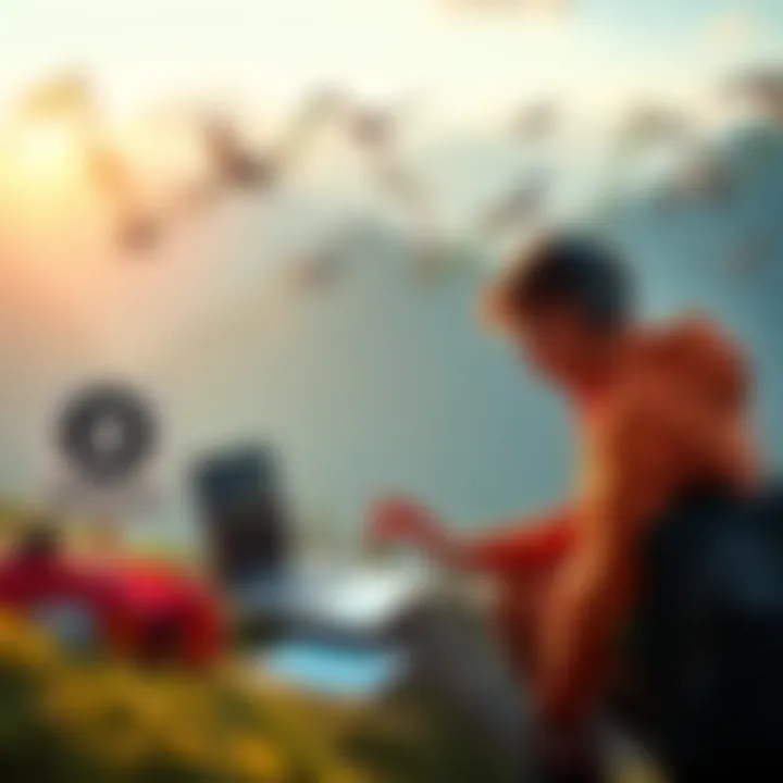 A person studying Bitcoin on a laptop in a Swiss setting, surrounded by scenic mountains and financial charts.