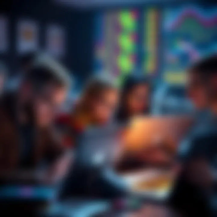 A group of people collaborating over laptops, analyzing Bitcoin wallets and keys.