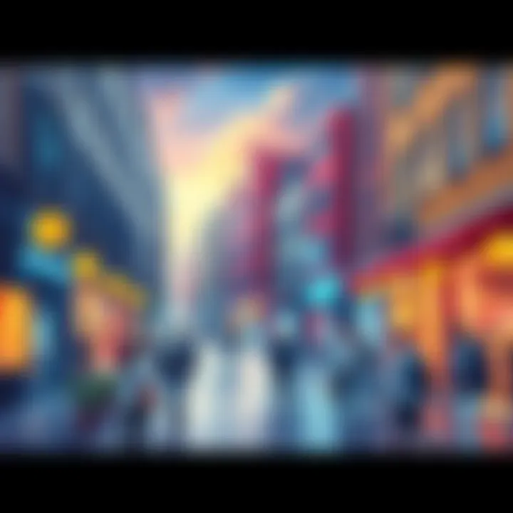 A conceptual illustration of a modern European city with Bitcoin symbols integrated into daily life, showcasing people shopping and paying bills with cryptocurrency.