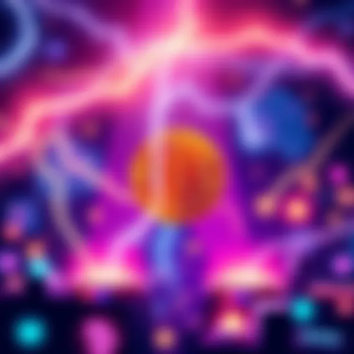 Illustration showing fast Bitcoin transactions with Lightning Network icons and symbols