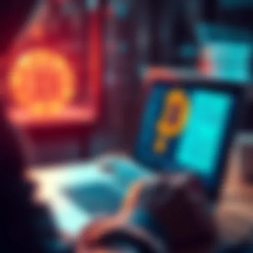 A person looking at their laptop with Bitcoin symbols and loan documents on the screen, considering a BTC-backed loan.