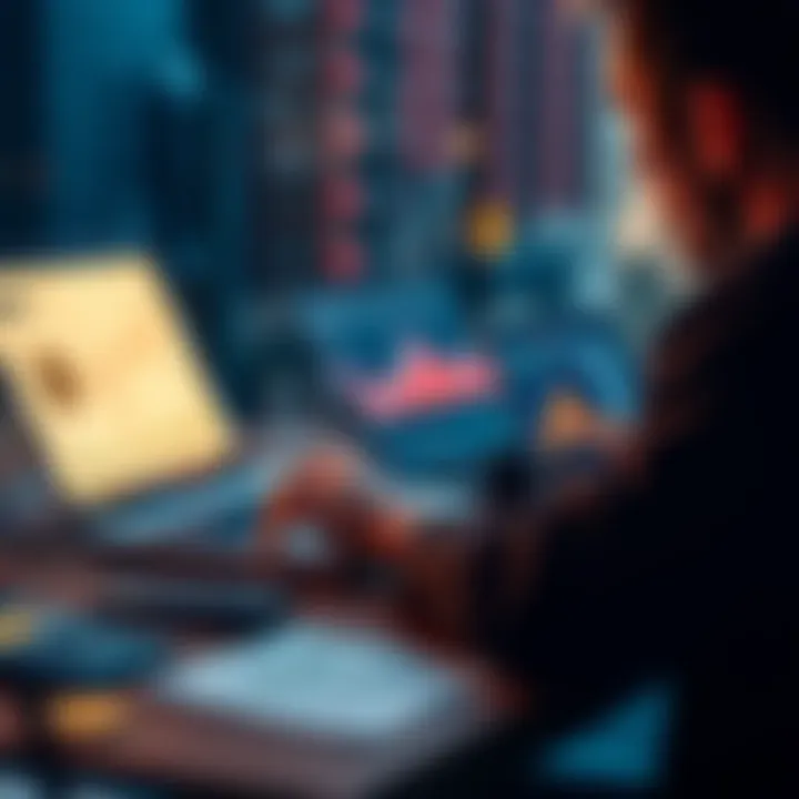 A person analyzing Bitcoin loans on a laptop, with charts and a calculator nearby.