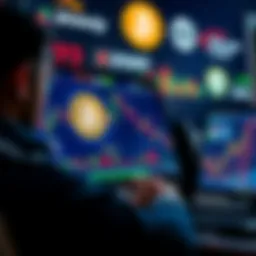 A person analyzing Bitcoin charts on a computer screen, with financial graphs and institutional logos in the background