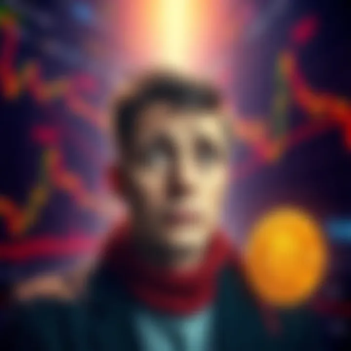 A person contemplating whether to hold or sell Bitcoin with a worried expression, surrounded by charts showing market trends.