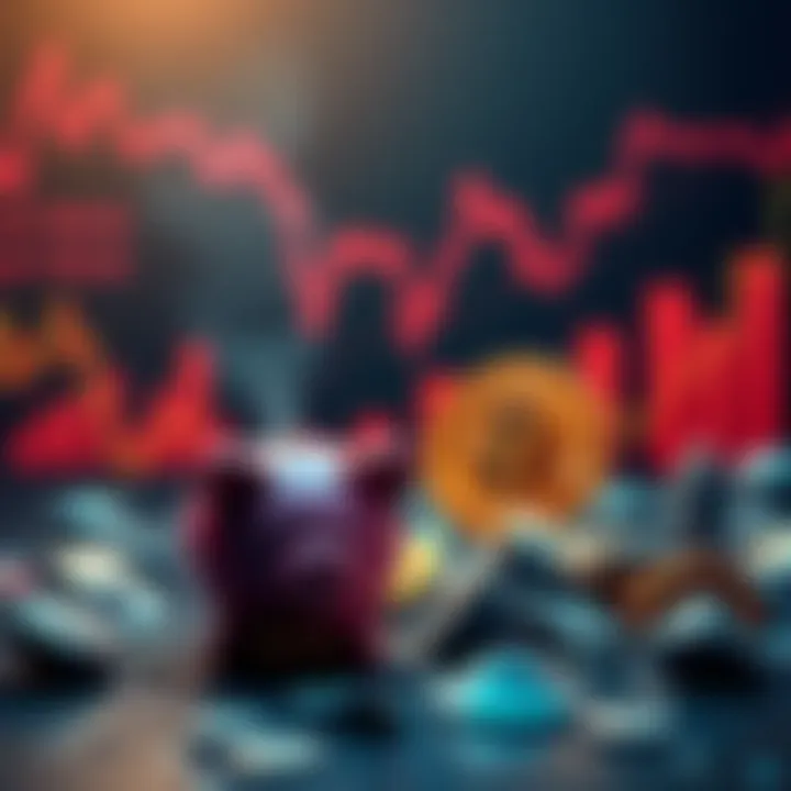 A graphic showing a downward trend in Bitcoin prices with a broken piggy bank and worried investors in the background.