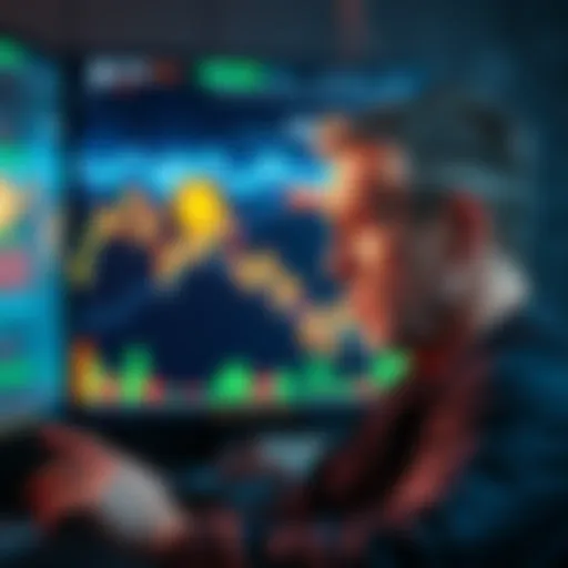 Graph showing Bitcoin prices dropping with a worried investor looking at a screen