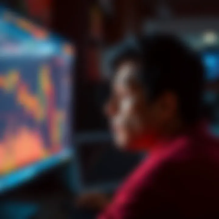A person looking worried at a computer screen displaying falling Bitcoin prices