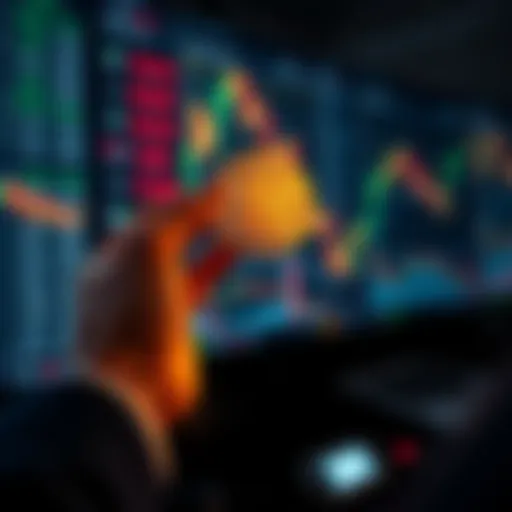 A person holds a Bitcoin in one hand, looking focused and determined while surrounded by falling stock charts on a screen, symbolizing resilience in the market.