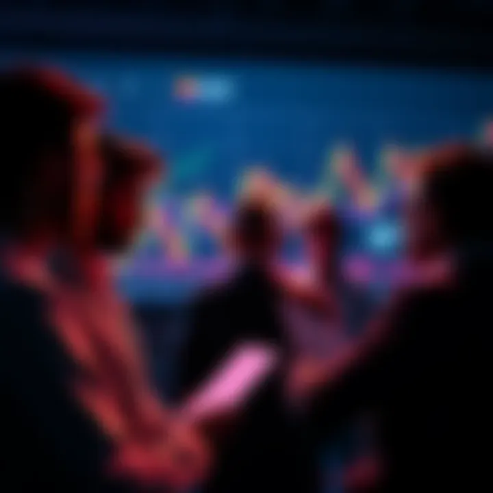 A group of people discussing Bitcoin market trends with charts and graphs in the background