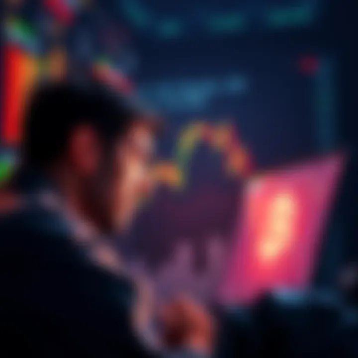 Bitcoin Market Reaction A graph showing Bitcoin price fluctuations with a worried trader looking at the screen and financial news around