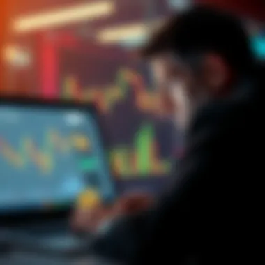 A visual representation of Bitcoin prices dropping on a chart, with a worried investor looking at a laptop screen showing financial news about Strategy's bankruptcy.