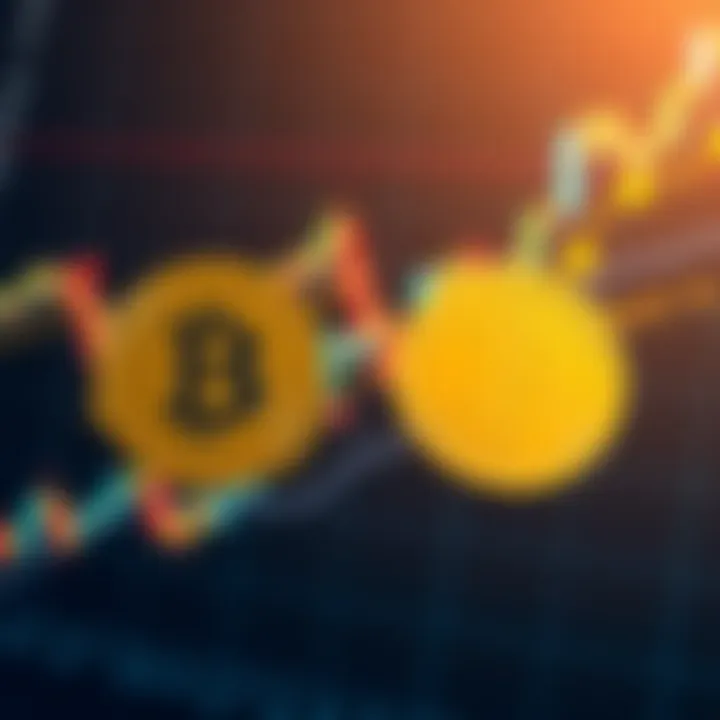 Two symbols representing bullish and bearish sentiment about Bitcoin, with a background of financial charts