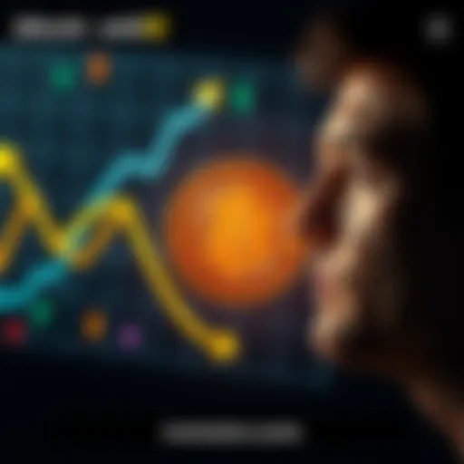 A graphic showing Bitcoin with downward and upward arrows to represent market changes after selling. A person looks thoughtful next to the Bitcoin symbol.