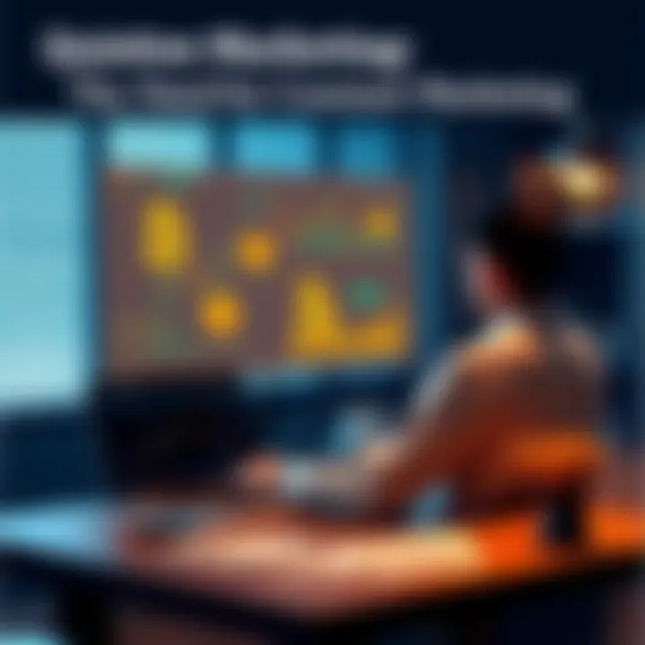 A person sitting at a desk with a laptop open, showing Bitcoin charts and marketing materials, pondering the need for promotion of Bitcoin.