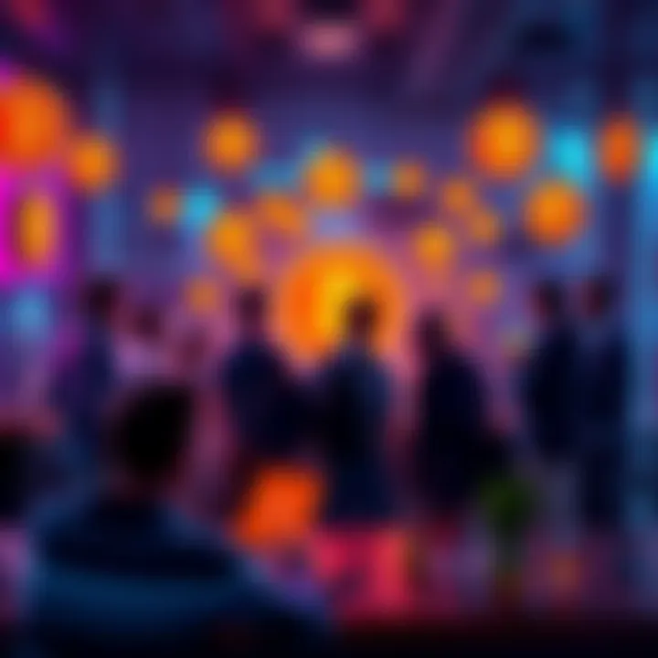 A group of people discussing cryptocurrency at a local meetup, sharing ideas and networking, with Bitcoin logos displayed around.