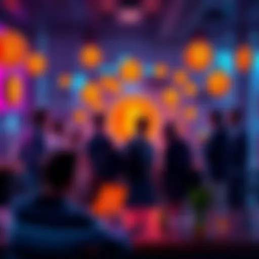 Bitcoin Meetup Gathering A group of people discussing cryptocurrency at a local meetup, sharing ideas and networking, with Bitcoin logos displayed around.