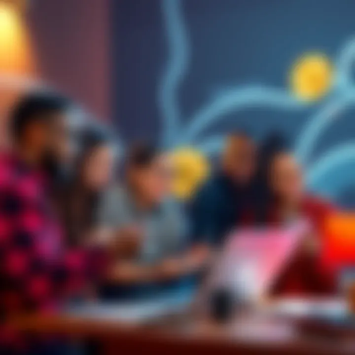 A group of diverse individuals passionately discussing Bitcoin with laptops and notes, symbolizing mentorship and community learning.