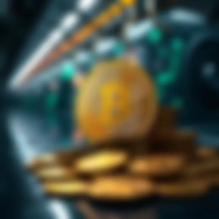 A visual representation of Bitcoin nearing 20 million tokens in circulation, featuring coins and a graphic showing the mining process in the background.