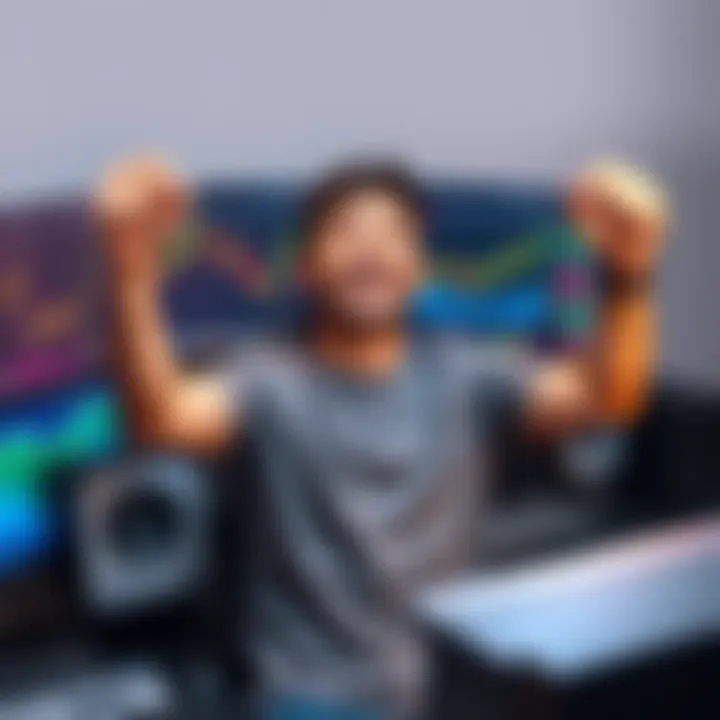 A happy individual in front of a computer setup showcasing Bitcoin mining software and charts, representing a successful investment in cryptocurrency