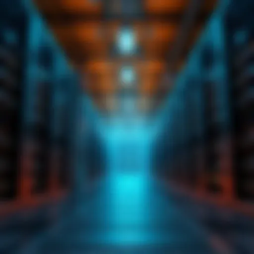A visual representation of bitcoin miners transitioning into data centers, showing rows of mining rigs in a large facility, highlighting a shift in technology.
