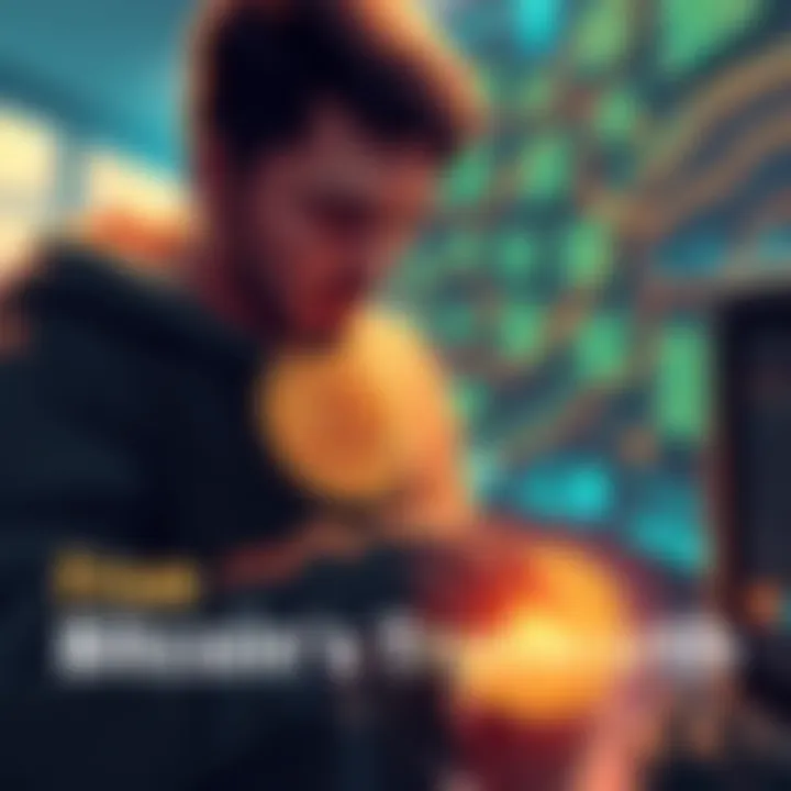Illustration showing a person mining Bitcoin with energy symbols and a digital ledger in the background.