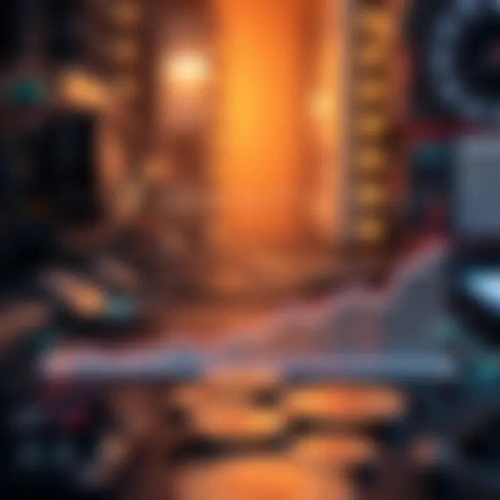 A graphic showing a downward trend in Bitcoin mining difficulty with AI technology in the background.