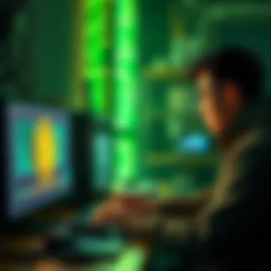 A visual representation of Bitcoin mining showing a person using a computer or renting hashrate from a cloud service, highlighting the efficiency and advantages of renting over owning hardware.