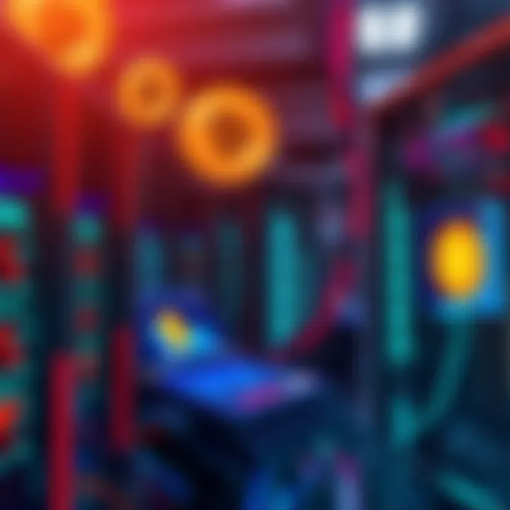 Bitcoin Mining Operations A group of high-powered computers working to mine Bitcoin efficiently, with digital graphics showing Bitcoin symbol and charts.