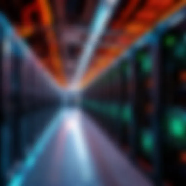 A large Bitcoin mining facility with rows of mining rigs and cooling fans, showing the intensity of the mining process.