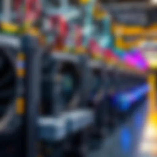 A close-up view of several Antminer S19K Pro units in a mining facility, showing the machines and their cooling systems.