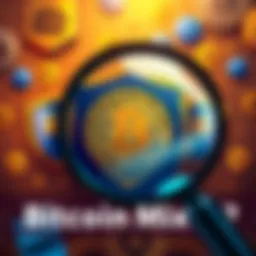 A digital illustration showing a Bitcoin symbol surrounded by shields representing privacy and security, under a magnifying glass highlighting analysis tools.