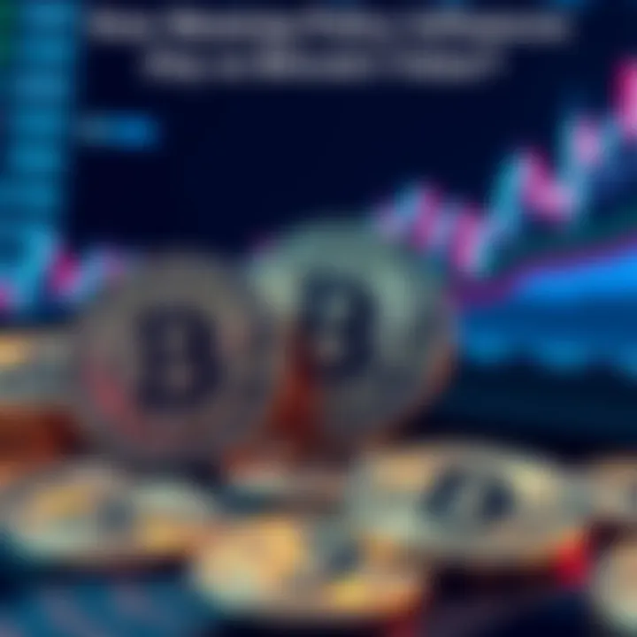 Visual representation of Bitcoin coins with financial graphs and currency symbols, illustrating the impact of monetary policy on cryptocurrency value.