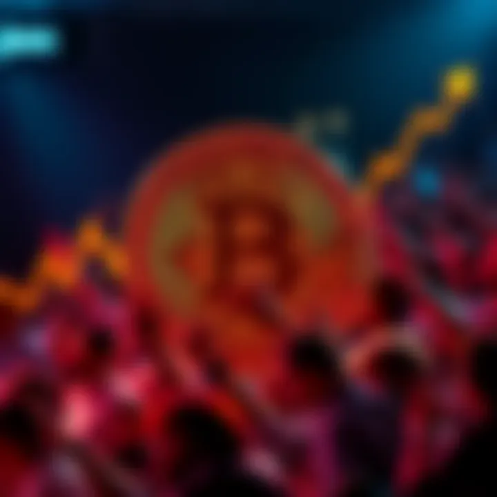 Bitcoin symbol with a rising graph and frustrated crowd behind it