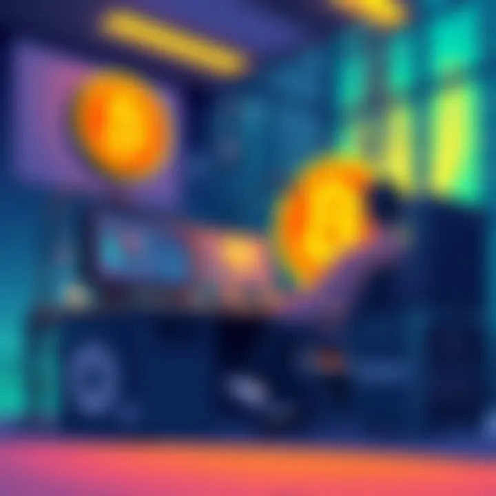 Illustration of a person operating a Bitcoin node and mining setup with computer equipment