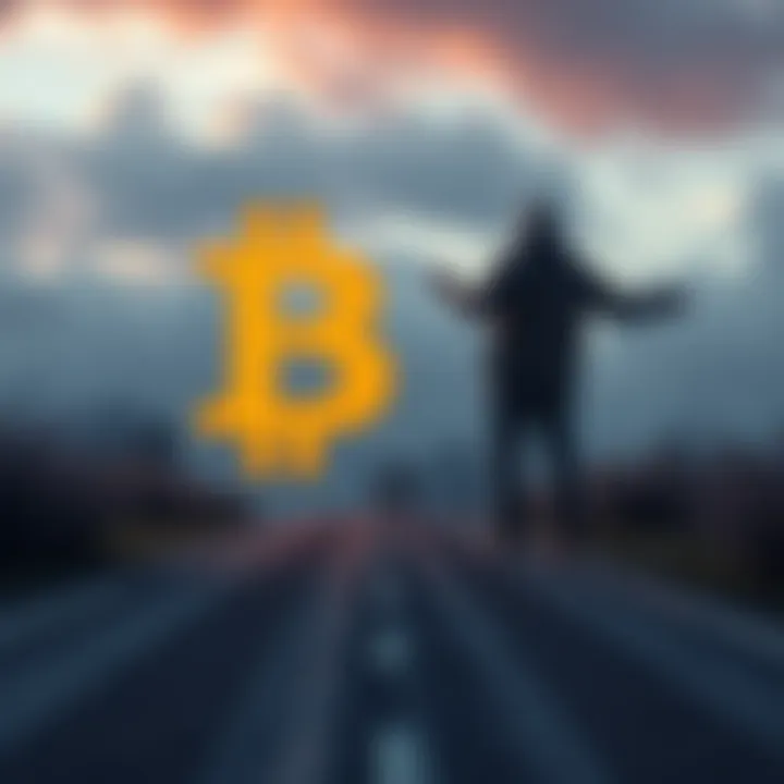 A person standing at a crossroads deciding between a Bitcoin symbol and a small apartment building, representing choices in investments.