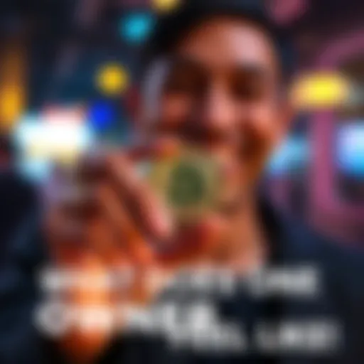 A person smiling while holding a physical bitcoin coin, symbolizing joy of ownership in the bitcoin community.