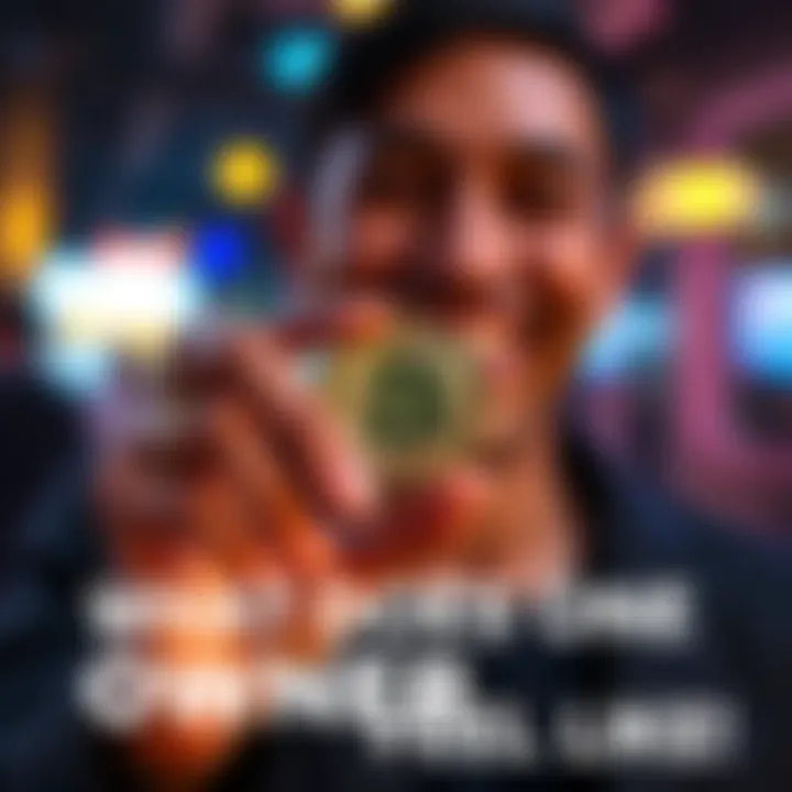 A person smiling while holding a physical bitcoin coin, symbolizing joy of ownership in the bitcoin community.