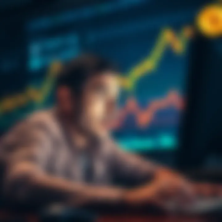 A person looking worried while selling Bitcoin on a computer, with a graph showing Bitcoin prices in the background