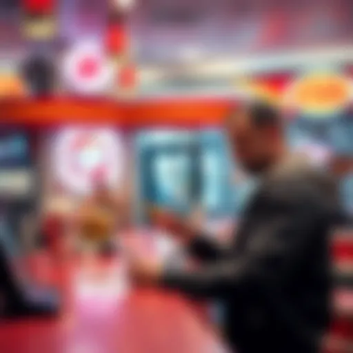 A person making a bitcoin payment at a Steak N Shake counter, with burgers and shakes in the background.