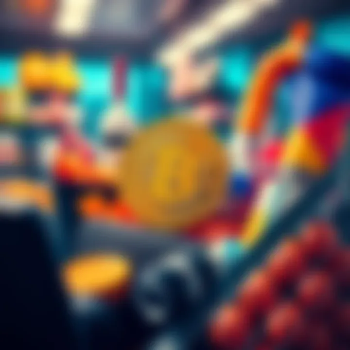 A visual representation of Bitcoin being used for transactions, showing a digital wallet and products like groceries and electronics.